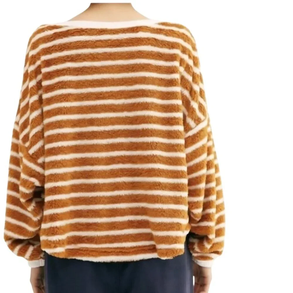 Free People Breton Mustard White Striped Oversized Cozy Sweater Size S